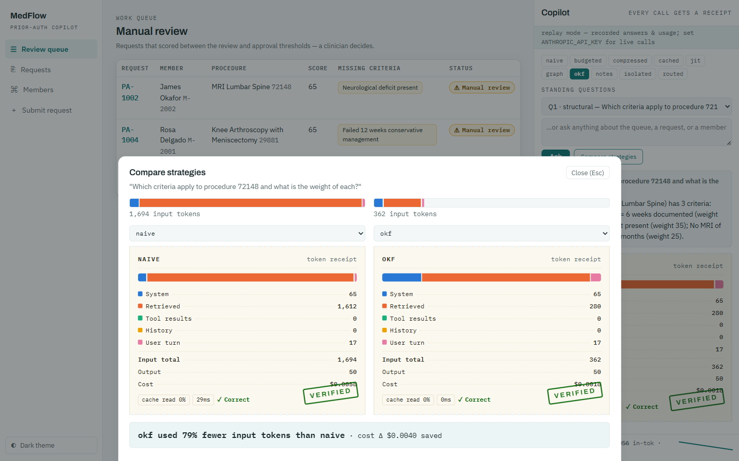 Compare drawer: naive vs okf side by side